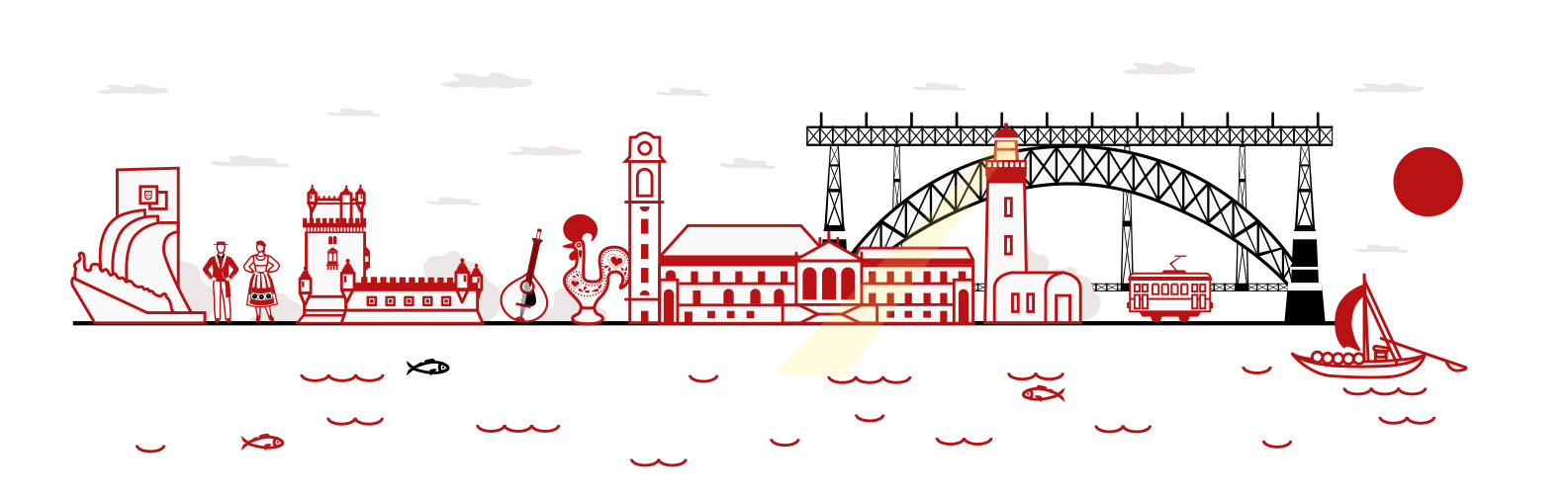Ilustração em traço vermelho representando monumentos portugueses, um elétrico, casas tradicionais e, por baixo, o mar com barcos à vela e peixes
