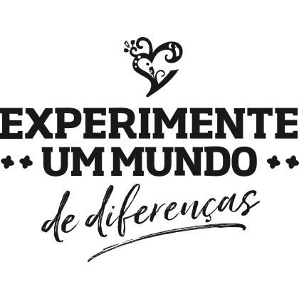 Ilustração com o texto “Experimente um mundo de diferenças” e um ícone de coração ornamentado